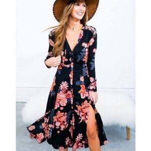 Free People Miranda Button Front, Dark Floral ,Pink,Orange Long Sleeve Maxi